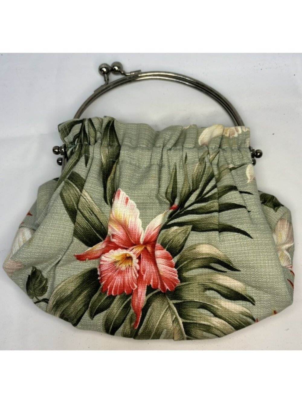 Vintage Hawaiian Cloth Hibiscus Tropical Floral Print Handbag Purse Kiss Lock